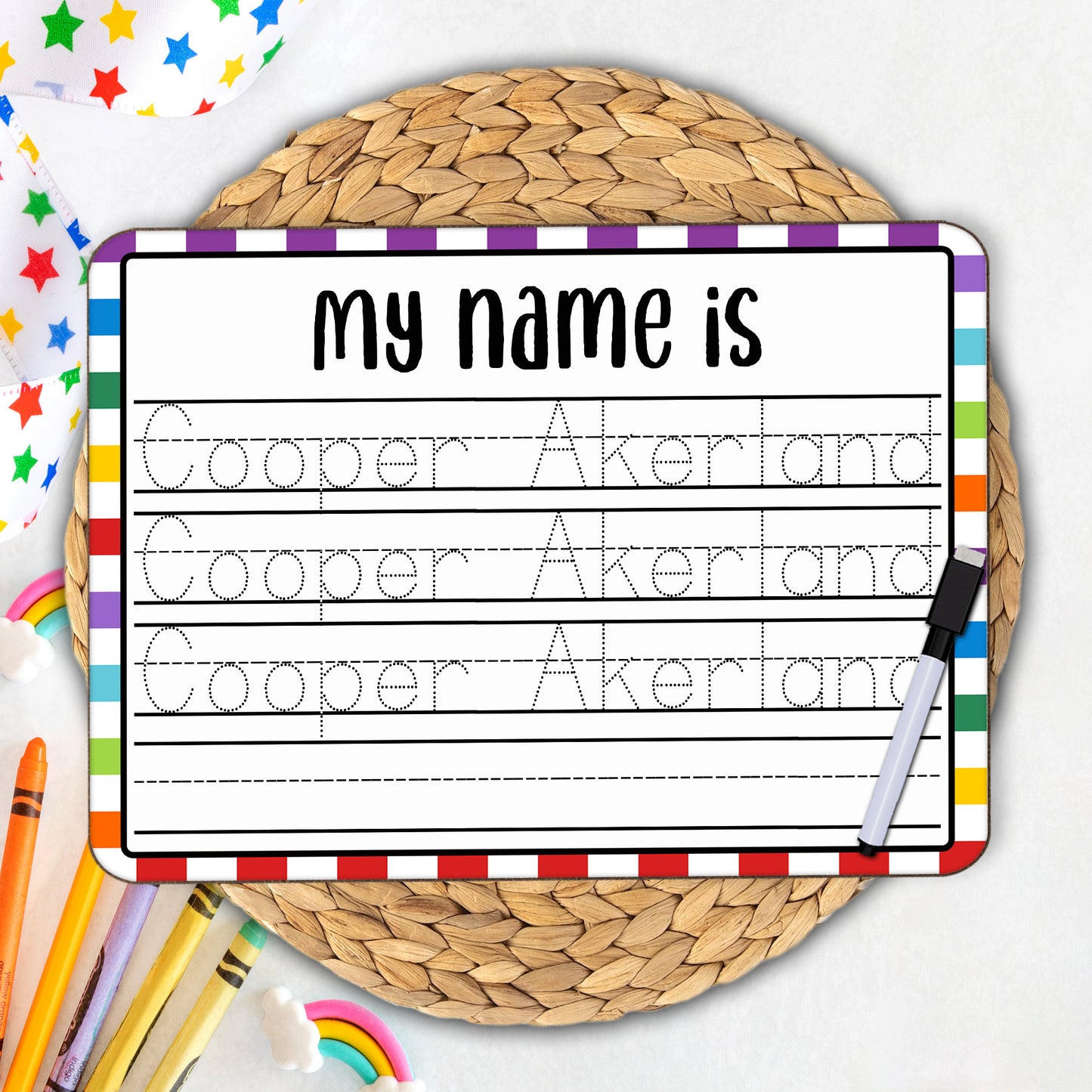 Personalized Reusable Name Practice Trace Board | Dry Erase Board with Black Dry Erase Pen Included | Homeschool Tools | Alphabet Practice