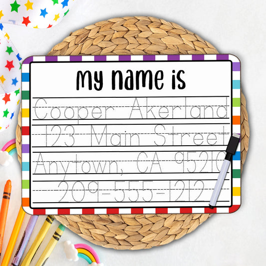 Personalized Reusable Name Practice Trace Board | Dry Erase Board with Black Dry Erase Pen Included | Home School Tools | Primary Design