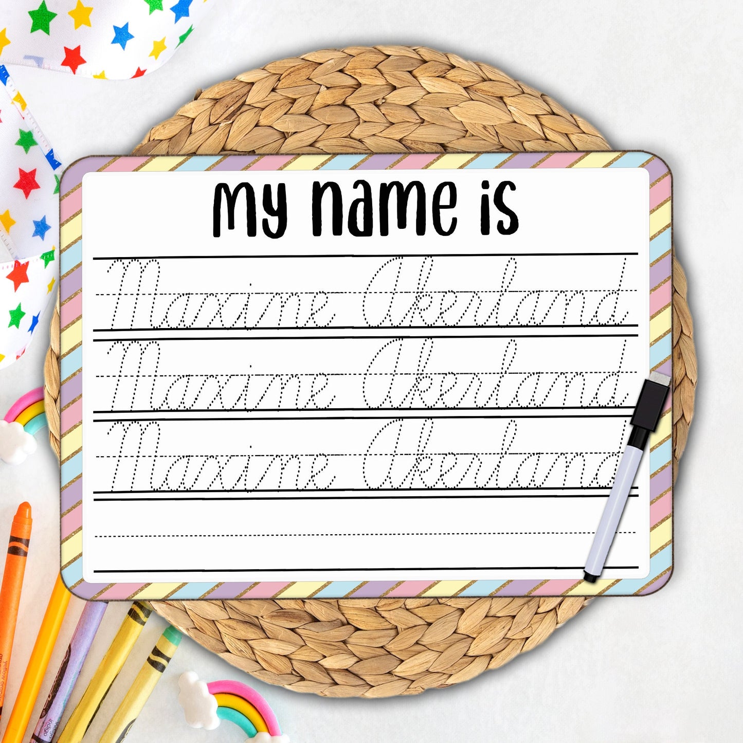 Personalized Reusable Name Practice Trace Board | Dry Erase Board with Black Dry Erase Pen Included | Home School Tools | Primary Design