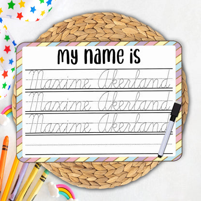 Personalized Reusable Name Practice Trace Board | Dry Erase Board with Black Dry Erase Pen Included | Home School Tools | Primary Design