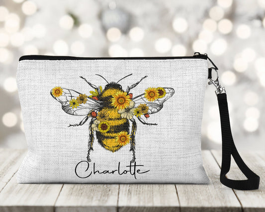 Honey Bee Cosmetic Bag - Travel Accessories - Bridesmaid Gift - Personalized Gifts | Size: 9.45" x 5.90" Pencil Bag w/ Wristlet