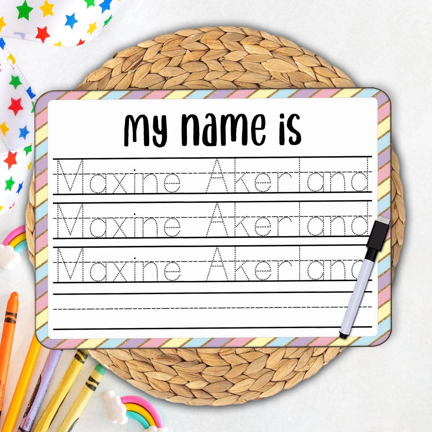 Personalized Reusable Name Practice Trace Board | Dry Erase Board with Black Dry Erase Pen Included | Home School Tools | Primary Design