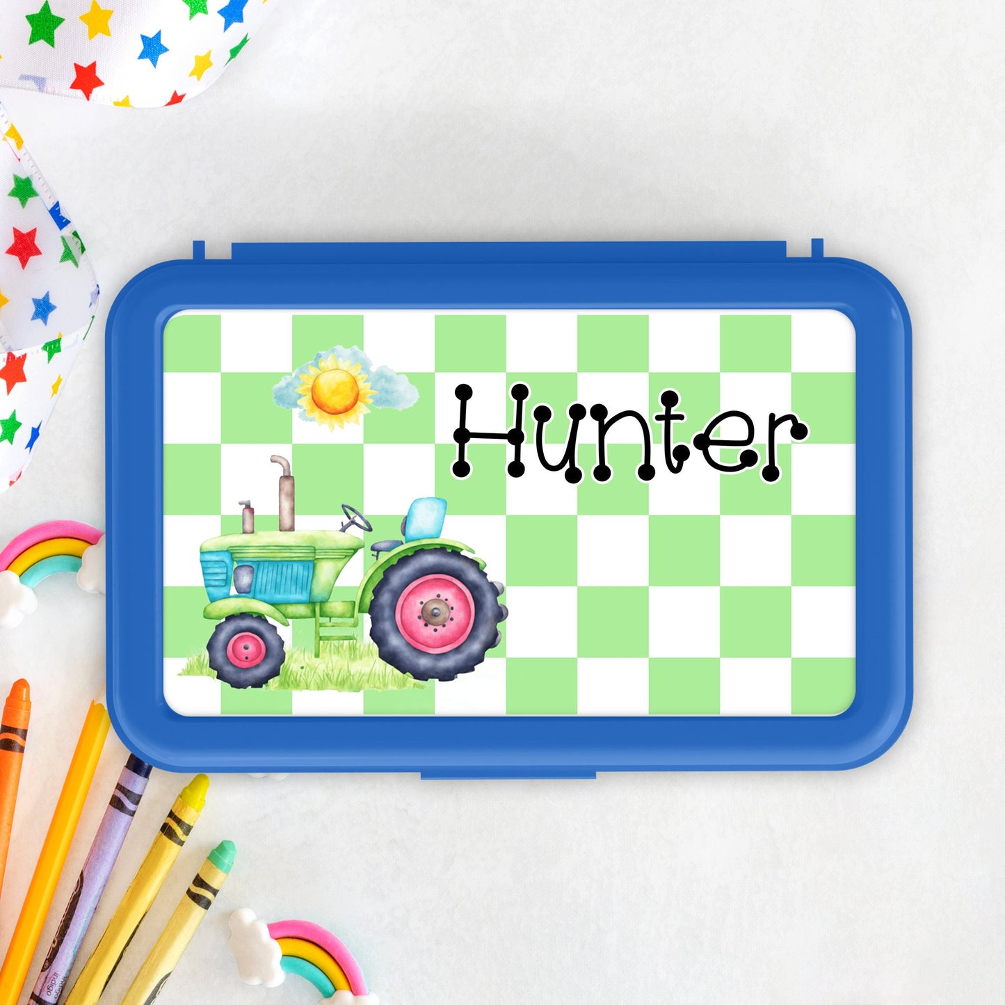 Pencil Box personalized with a name Green Checker Tractor Theme / Custom Pencil Box with name / Blue Pencil Box