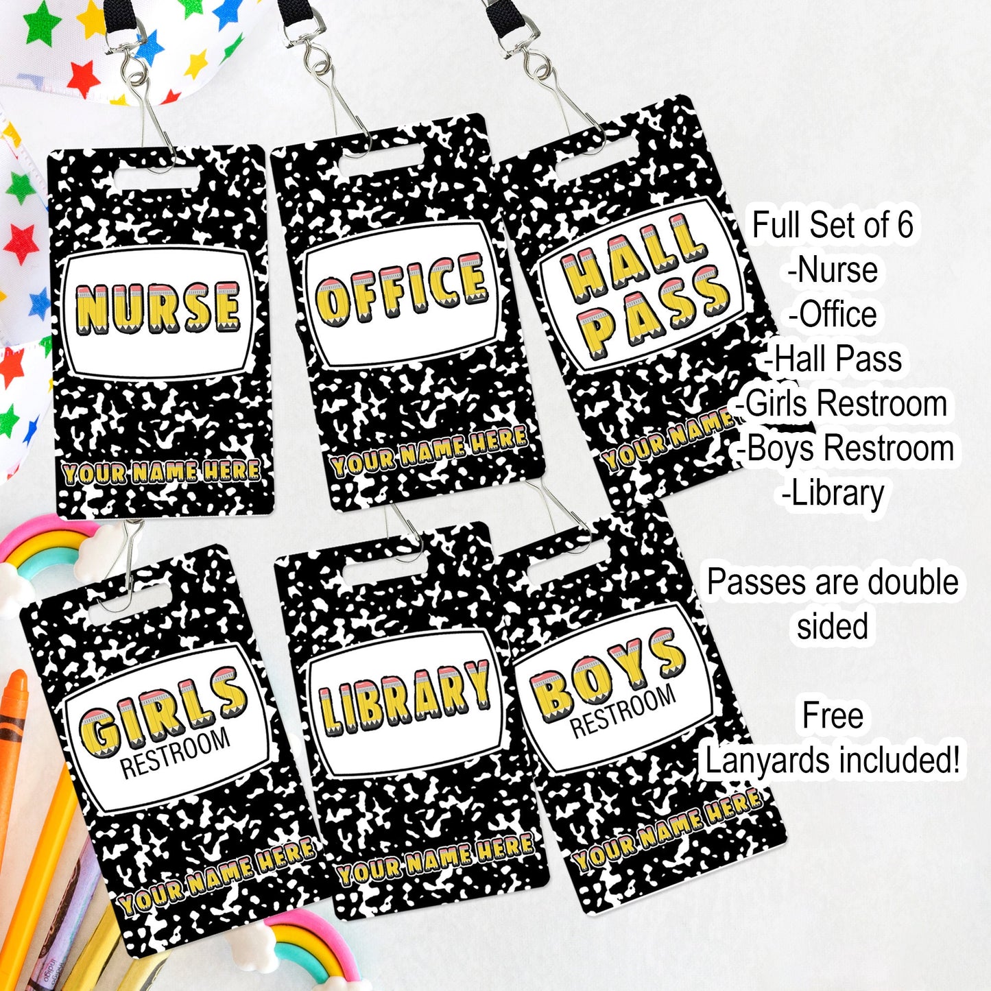 Classroom Hall Passes 6pk Bundle, Hall Pass, Library Pass, Office Pass, Restroom Pass, Custom Hall Passes Composition Theme Teacher Gift