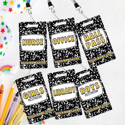 Classroom Hall Passes 6pk Bundle, Hall Pass, Library Pass, Office Pass, Restroom Pass, Custom Hall Passes Composition Theme Teacher Gift