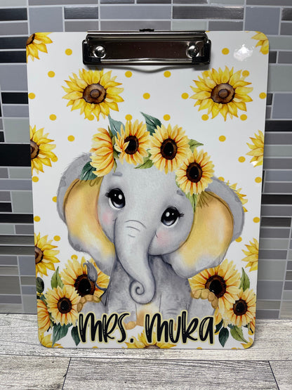 Baby Elephant in Sunflowers Clipboard with Personalization Front and Back - Double Sided