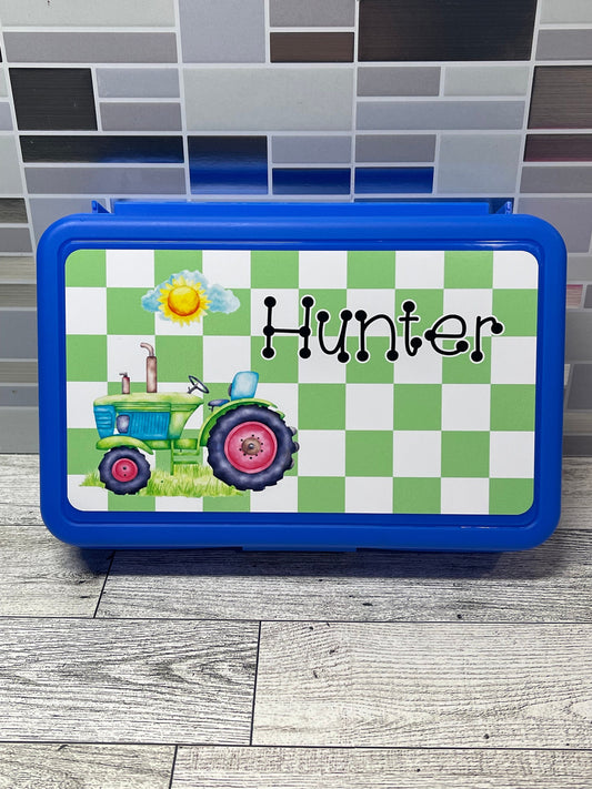 Pencil Box personalized with a name Green Checker Tractor Theme / Custom Pencil Box with name / Blue Pencil Box