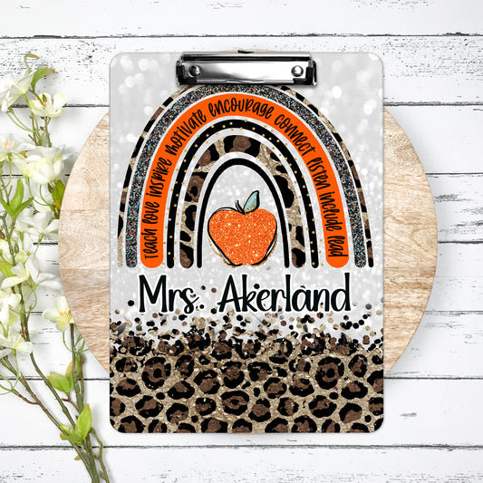 Teacher Clipboard with Personalization Front and Back Gift for Teachers - Double Sided Orange Leopard