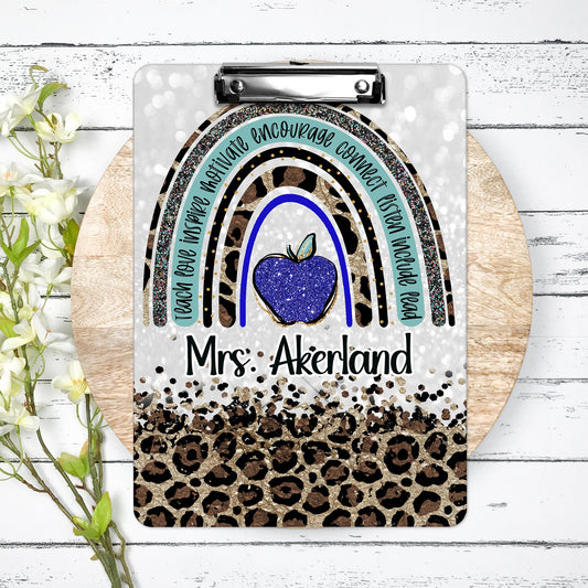 Blue Leopard Teacher Clipboard with Personalization Front and Back Gift for Teachers - Double Sided