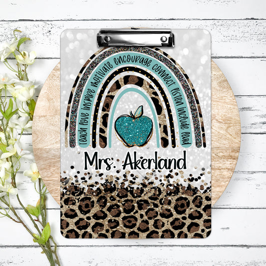 Teal Green Leopard Teacher #teacherlife Clipboard with Personalization Front and Back Gift for Teachers - Double Sided