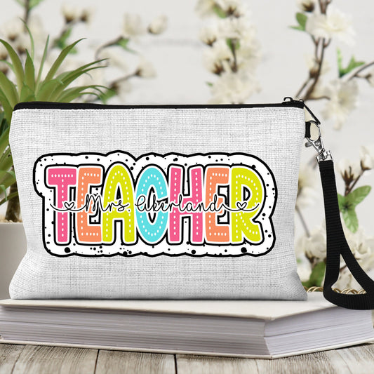 Teacher Theme Zipper Pouch Personalized with a name Size: 9.45" x 5.90" Pencil Bag w/ Wristlet