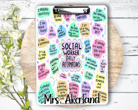Social Worker Daily Affirmations Clipboard Personalized with name on front and back - Double Sided