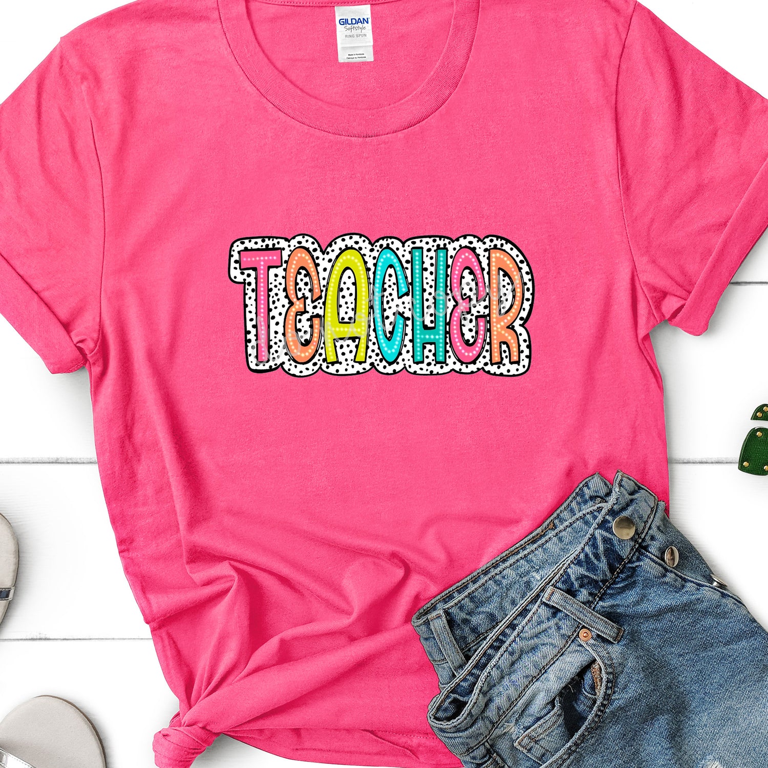 Teacher T-shirt Colorful Neon Dalmatian Design on Pink Shirt - Teacher Appreciation Gift - Back to school shirt Made-in-house!