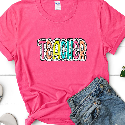 Teacher T-shirt Colorful Neon Dalmatian Design on Pink Shirt - Teacher Appreciation Gift - Back to school shirt Made-in-house!