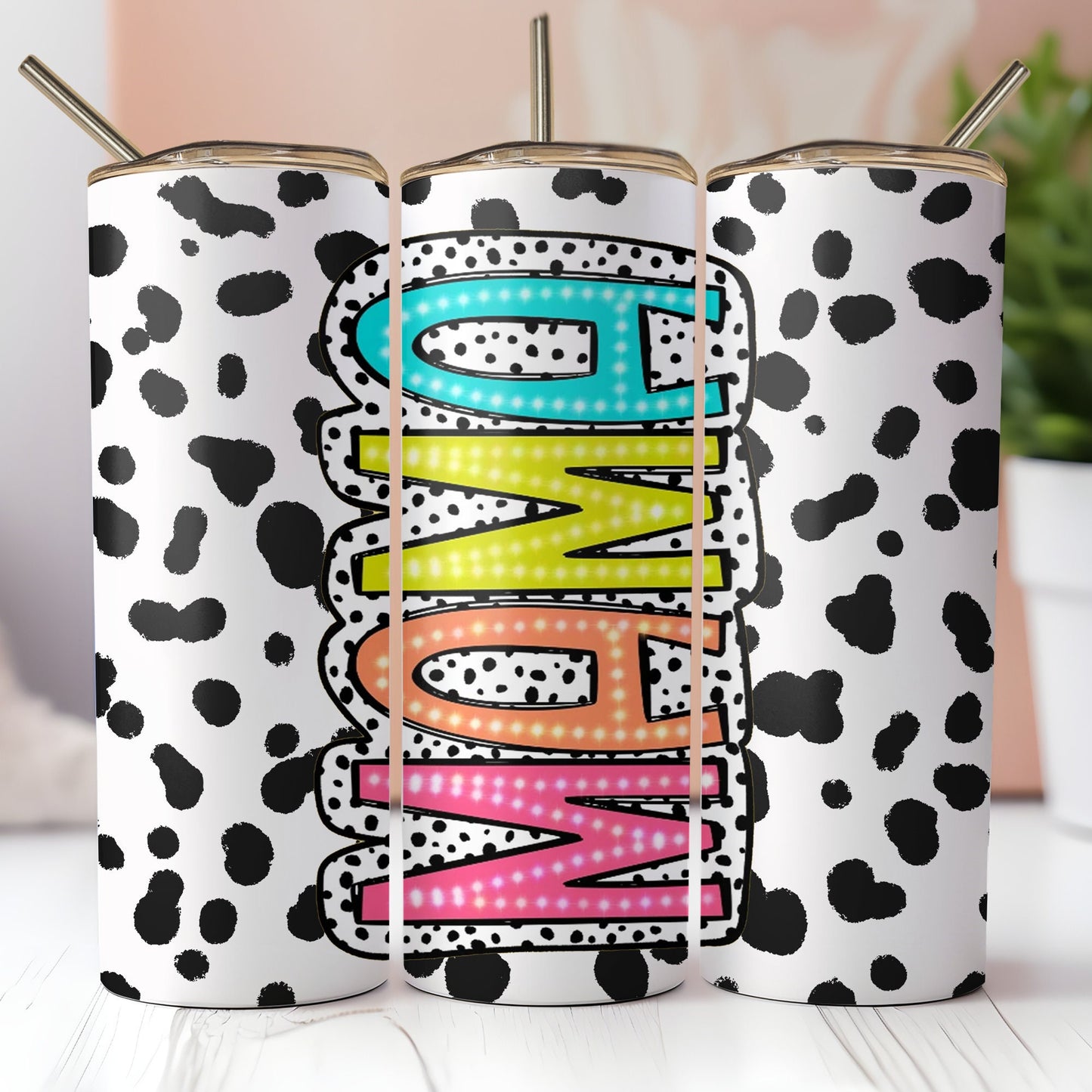 Mama Dalmatian Dot Design 20oz or 30oz Tumbler with Straws. Personalized with kids name - Mother's Day Gift