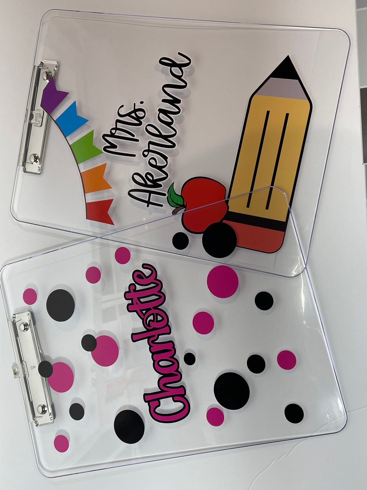 Clear Acrylic Clipboard with Personalization, Polka Dot Theme, Custom Back to School Supplies for Students and Teachers