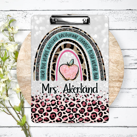 Pink Leopard Teacher Clipboard with Personalization Front and Back | Gift for Teachers - Double Sided