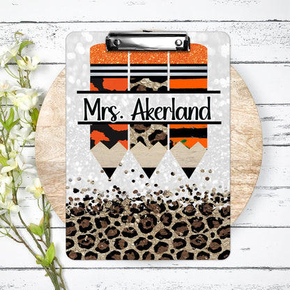 Teacher Clipboard with Personalization Front and Back  Gift for Teachers - Double Sided Orange Leopard