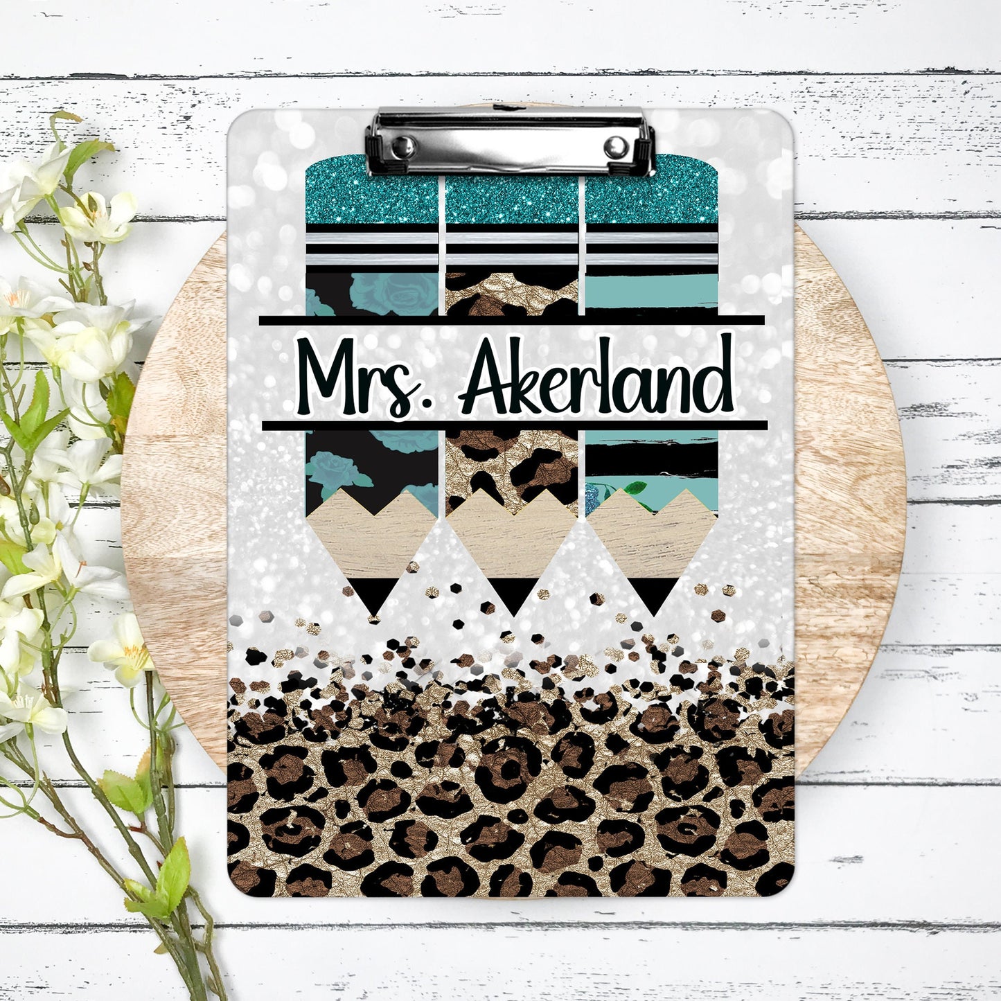 Teal Green Leopard Teacher #teacherlife Clipboard with Personalization Front and Back  Gift for Teachers - Double Sided