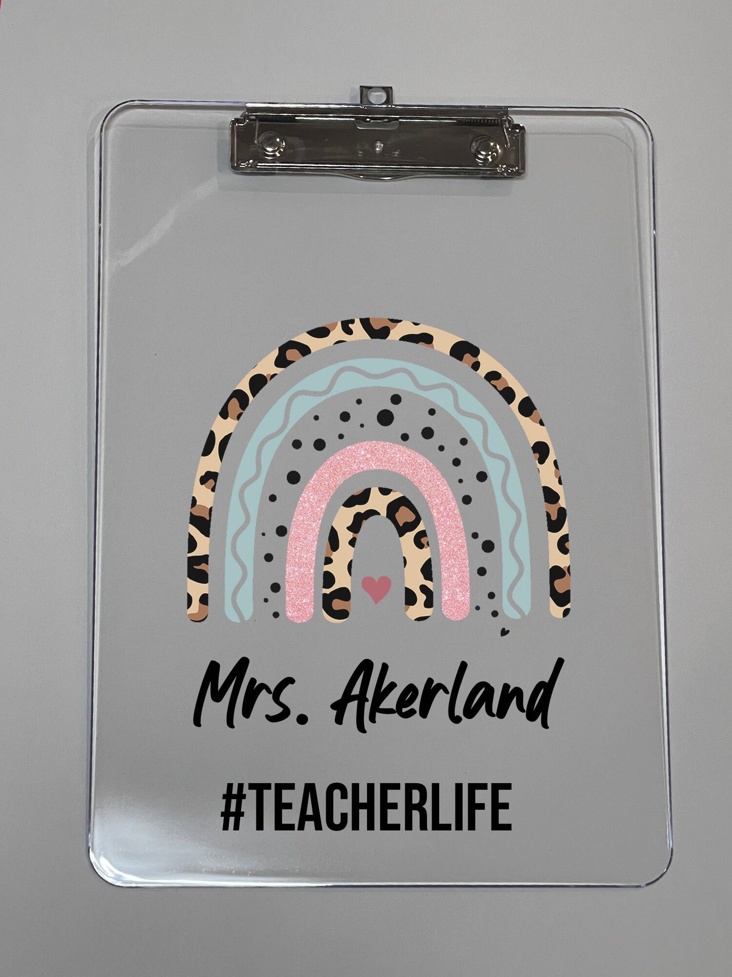 Clear Acrylic Clipboard with Personalization, Leopard Rainbow, Speech Pathologist, Teacher, Social Worker and much more!