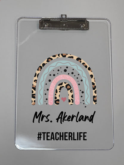 Clear Acrylic Clipboard with Personalization, Leopard Rainbow, Speech Pathologist, Teacher, Social Worker and much more!