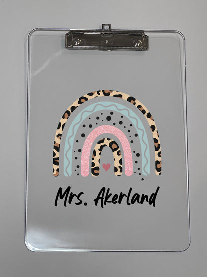 Clear Acrylic Clipboard with Personalization, Leopard Rainbow, Speech Pathologist, Teacher, Social Worker and much more!