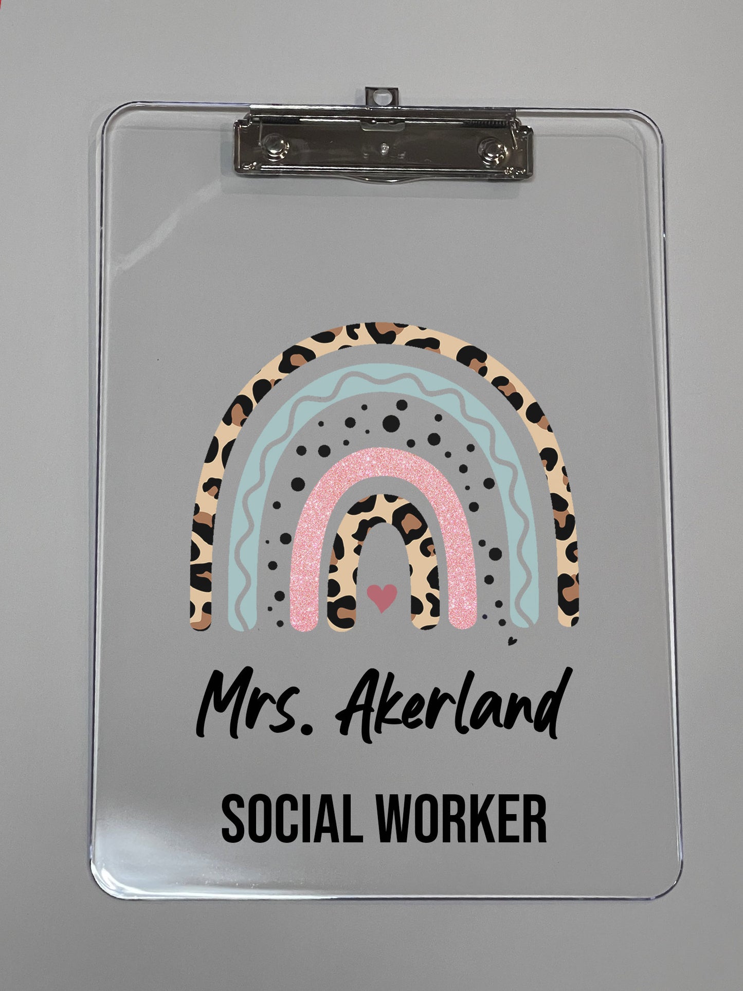 Clear Acrylic Clipboard with Personalization, Leopard Rainbow, Speech Pathologist, Teacher, Social Worker and much more!