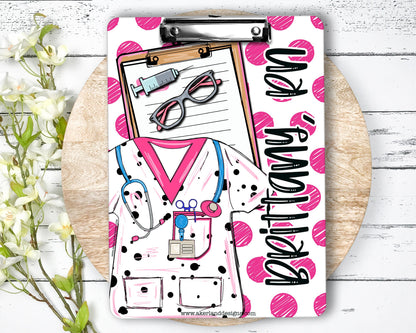 Nurse Clipboard with name front and back - Nurse Gift - Nurse Graduate Gift -  Dalmatian Scrub Top Pink Polka Dots - Vet Tech Clipboard