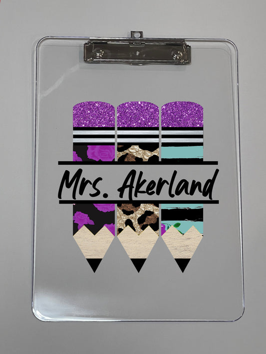 Personalized Clear Acrylic Clipboard - Purple Pencil Monogram 9in W by 12.5in H