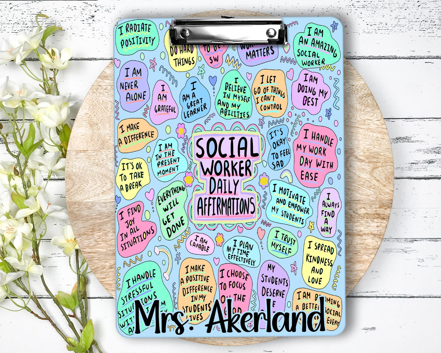 Social Worker Daily Affirmations Clipboard Personalized with name on front and back - Double Sided Blue