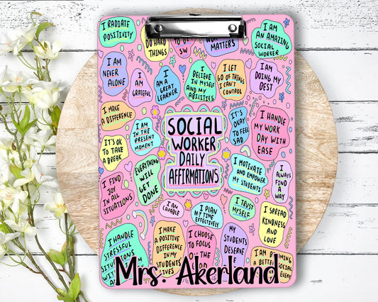 Social Worker Daily Affirmations Clipboard Personalized with name on front and back - Double Sided Pink