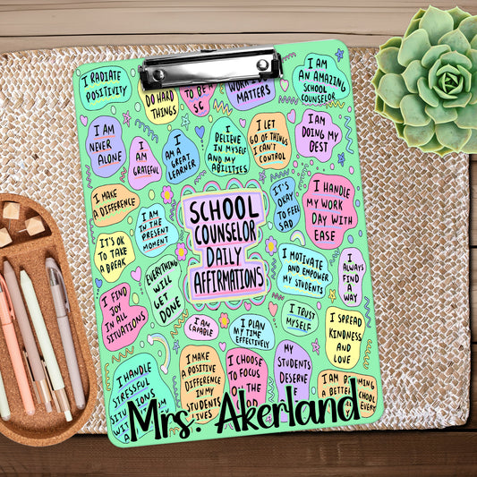 School Counselor Daily Affirmation Clipboard with Personalization Front and Back - Double Sided - Green