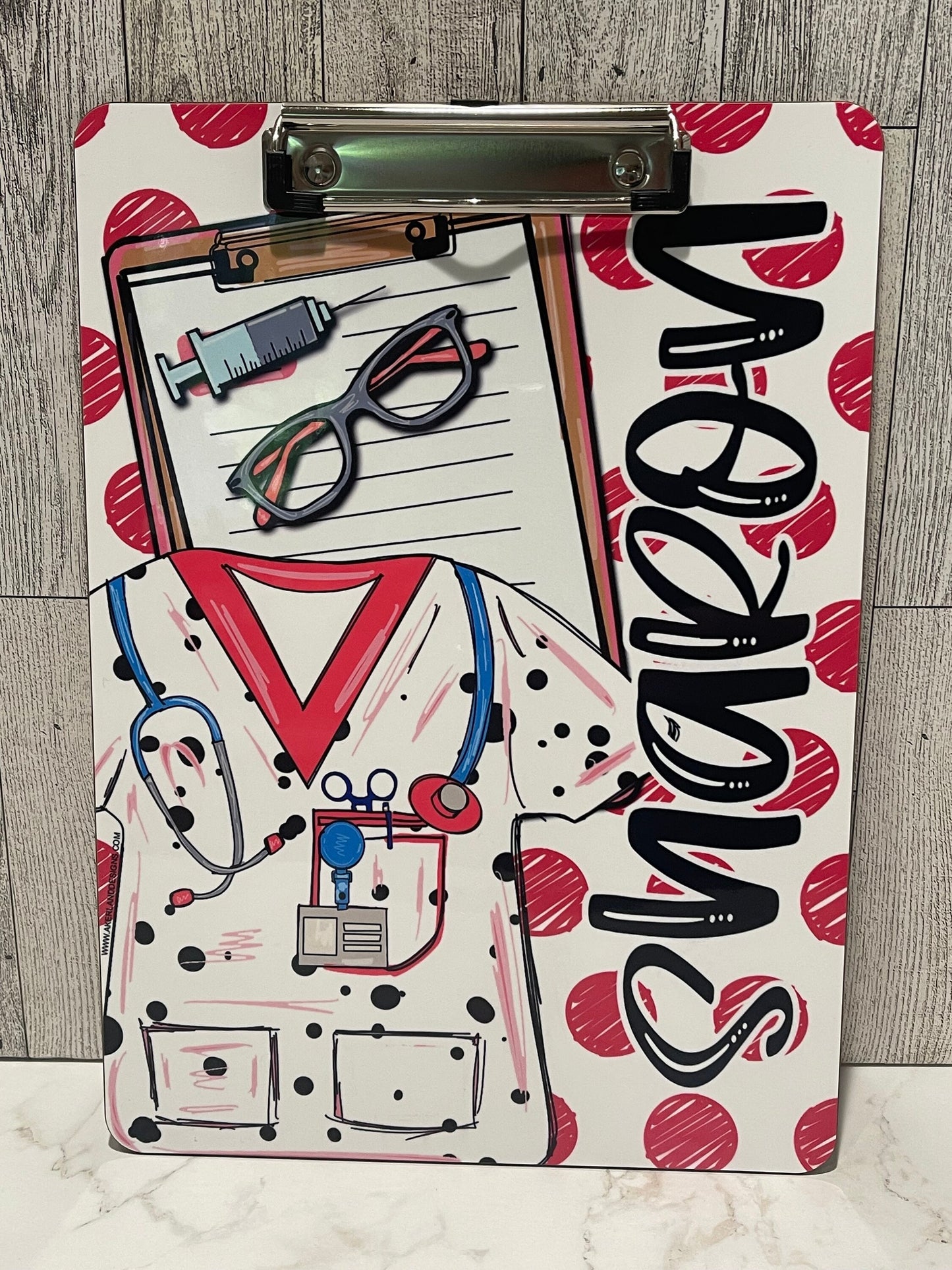 Nurse Clipboard with name front and back - Nurse Gift - Nurse Graduate Gift -  Dalmatian Scrub Top Pink Polka Dots - Vet Tech Clipboard