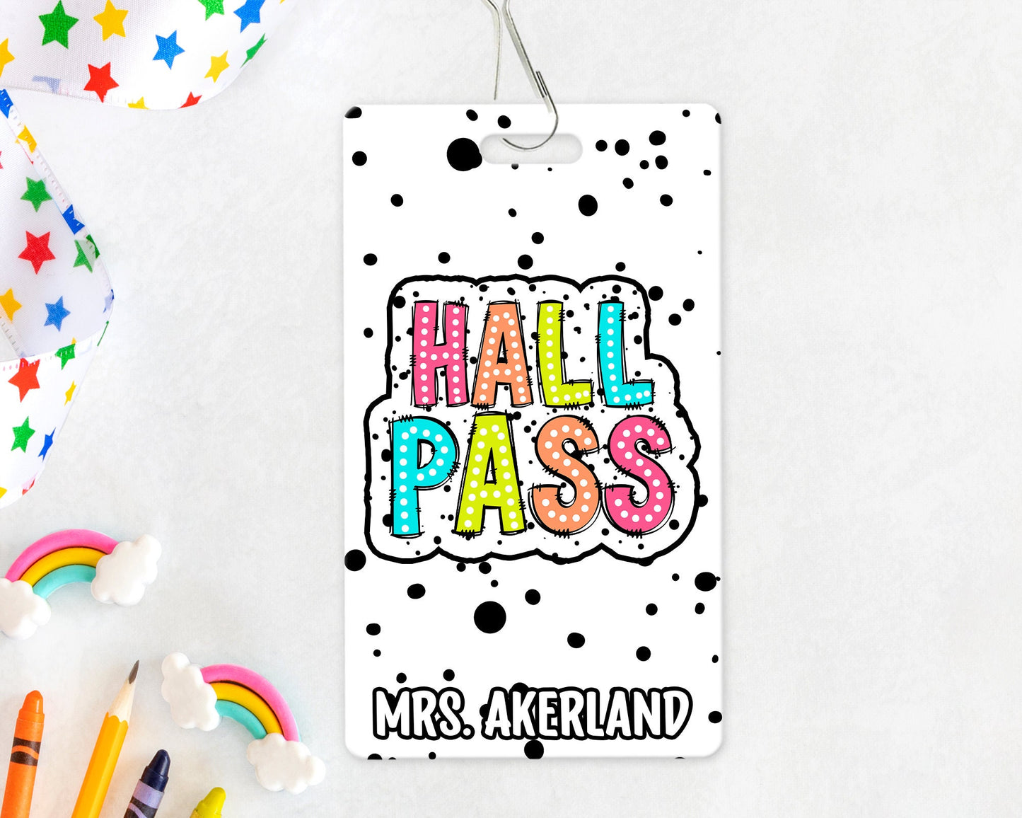 Classroom Hall Passes 6pk Bundle, Hall Pass, Library Pass, Office Pass, Restroom Pass, Custom Hall Passes Pastel Rainbow Theme Teacher Gift