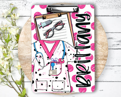 Nurse Clipboard with name front and back - Nurse Gift - Nurse Graduate Gift -  Dalmatian Scrub Top Pink Polka Dots - Vet Tech Clipboard