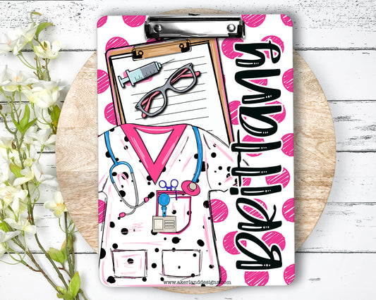 Nurse Clipboard with name front and back - Nurse Gift - Nurse Graduate Gift -  Dalmatian Scrub Top Pink Polka Dots - Vet Tech Clipboard