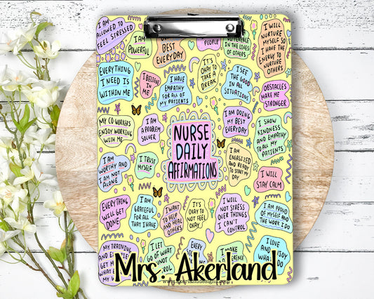 Nurse Daily Affirmation Clipboard with Personalized with a name, Design on Front and Back - Double Sided Yellow