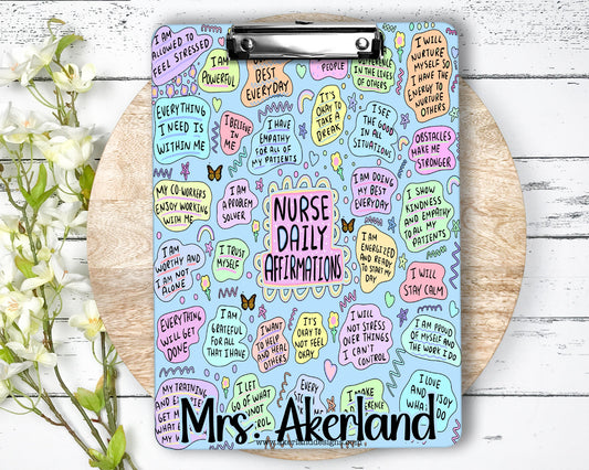 Nurse Daily Affirmation Clipboard with Personalized with a name, Design on Front and Back - Double Sided Blue