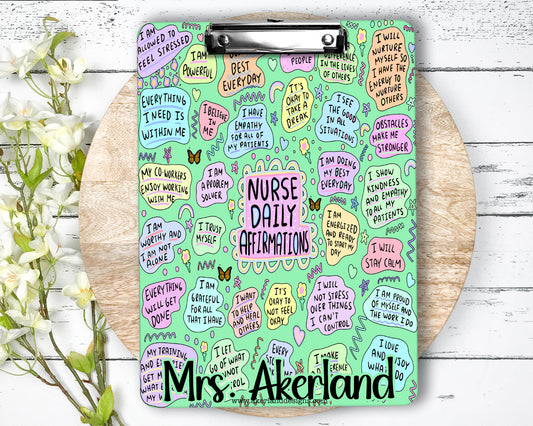 Nurse Daily Affirmation Clipboard with Personalized with a name, Design on Front and Back - Double Sided Green