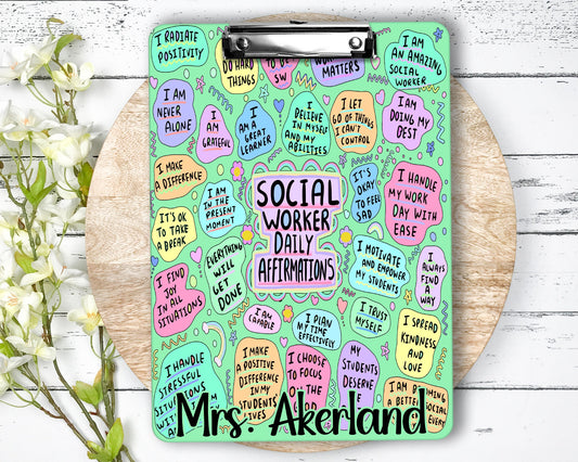 Social Worker Daily Affirmations Clipboard Personalized with name on front and back - Double Sided Green