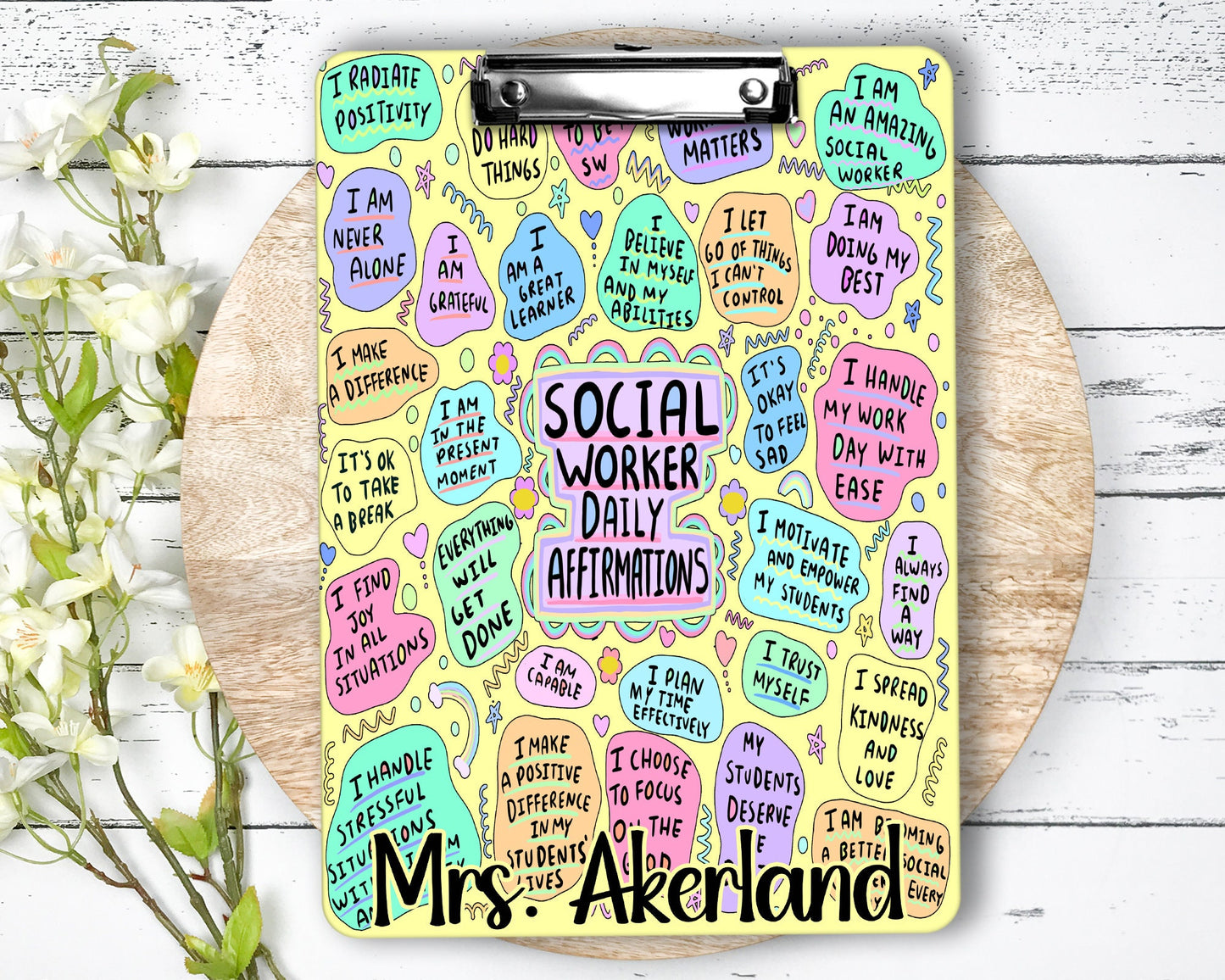 Social Worker Daily Affirmations Clipboard Personalized with name on front and back - Double Sided Yellow