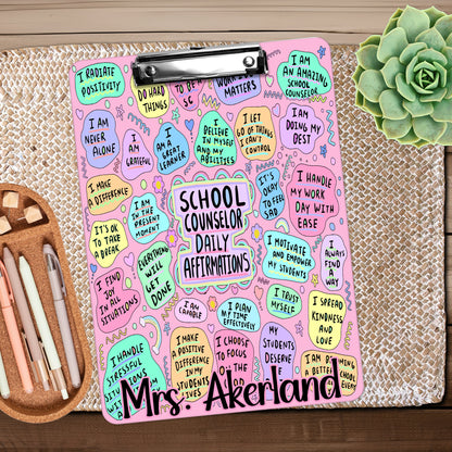 School Counselor Daily Affirmation Clipboard with Personalization Front and Back - Double Sided - Pink