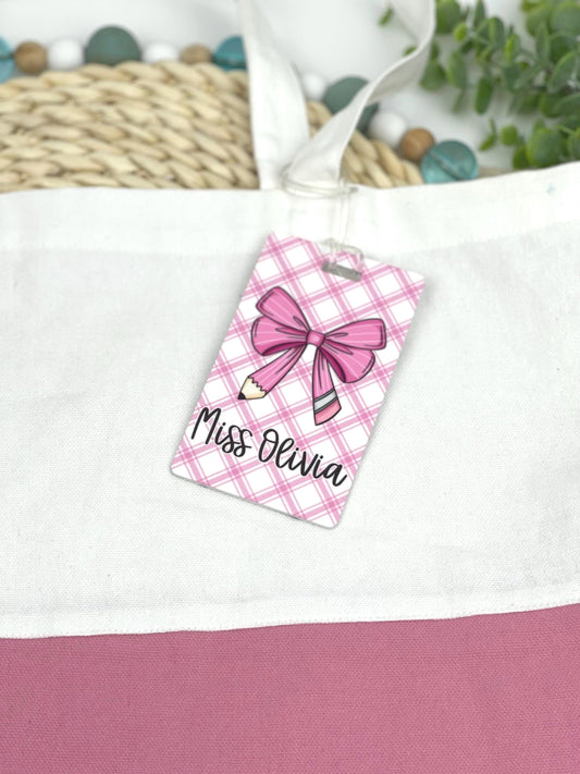 Name tags for Backpacks, Sports Duffles, Ballet Accessories, travel totes and luggage. Pink Pencil Bow Theme.