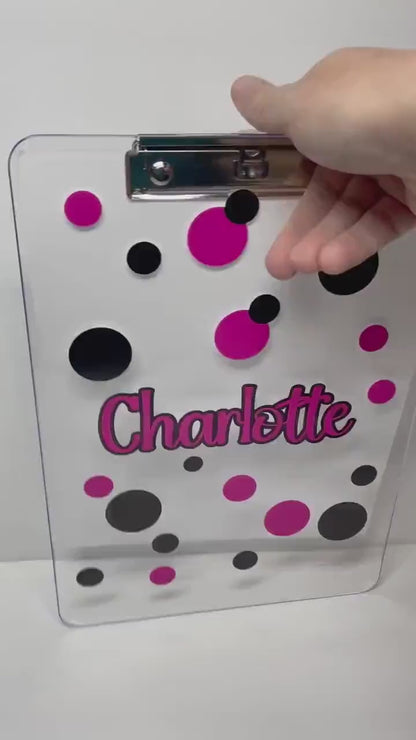 Clear Acrylic Clipboard with Personalization, Polka Dot Theme, Custom Back to School Supplies for Students and Teachers