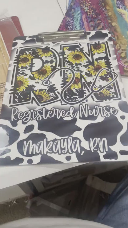 Nurse Clipboard with name front and back - Nurse Gift - Nurse Graduate Gift - Registered Nurse RN Gift Cow Print and Sunflowers