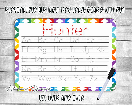 Personalized Reusable Alphabet Practice Trace Board | Dry Erase Board with Black Dry Erase Pen Included | Home School Tools | Primary Design