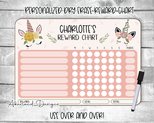 Child's Unicorn Reusable Reward Chart | Personalized Dry Erase Chore Chart | Dry Erase Board with Black Dry Erase Pen and Eraser Included