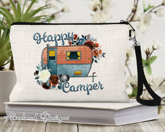 Happy Camper Make Up Bag | Make Up Pouch | Personalized with a name | Size: 9.45" x 5.90" Pencil Bag w/ Wristlet
