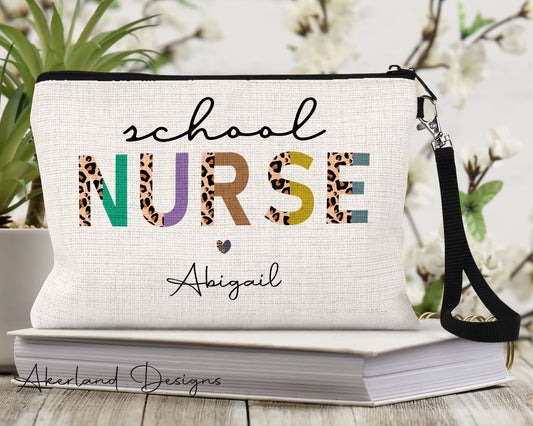 School Nurse Zipper Pouch | Personalized with a name | Size: 9.45" x 5.90" Pencil Bag w/ Wristlet