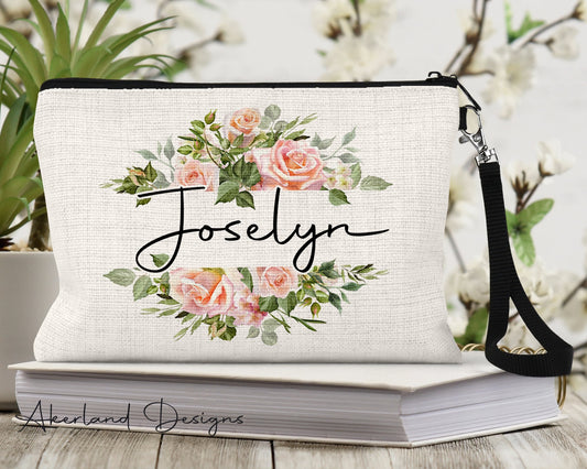 Floral Make Up Bag | Make Up Pouch | Personalized with a name | Size: 9.45" x 5.90" Pencil Bag w/ Wristlet